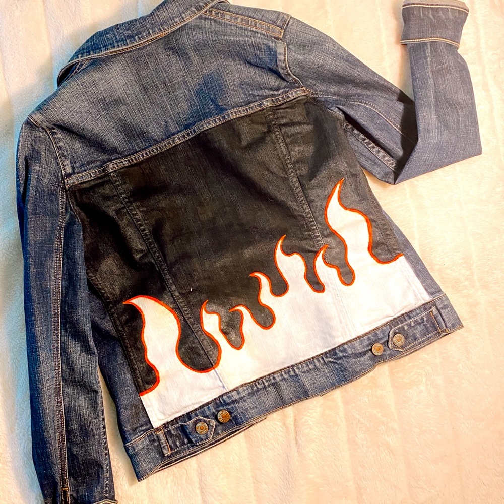 🔥 Fire Print Hand Painted Denim Jacket